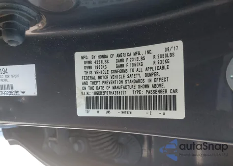 2017 Honda Accord Sport from USA, damaged, VIN 1HGCR2F57HA295221